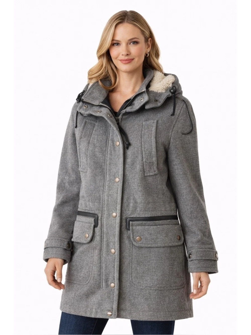Coach Gray Quilted-Lined Wool Coat with Shearling Trim